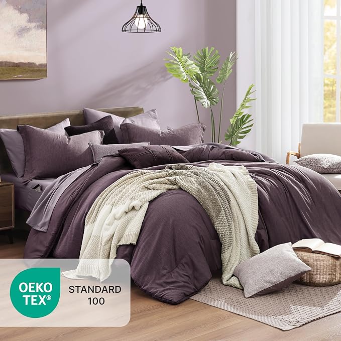 Monbix Oversized Queen Comforter Set - 7 Pieces Cationic Dyeing Italian Plum Bed in a Bag Bedding Sets with Comforter, Sheets, Pillowcases & Shams, Reversible Bedding Comforters Sets