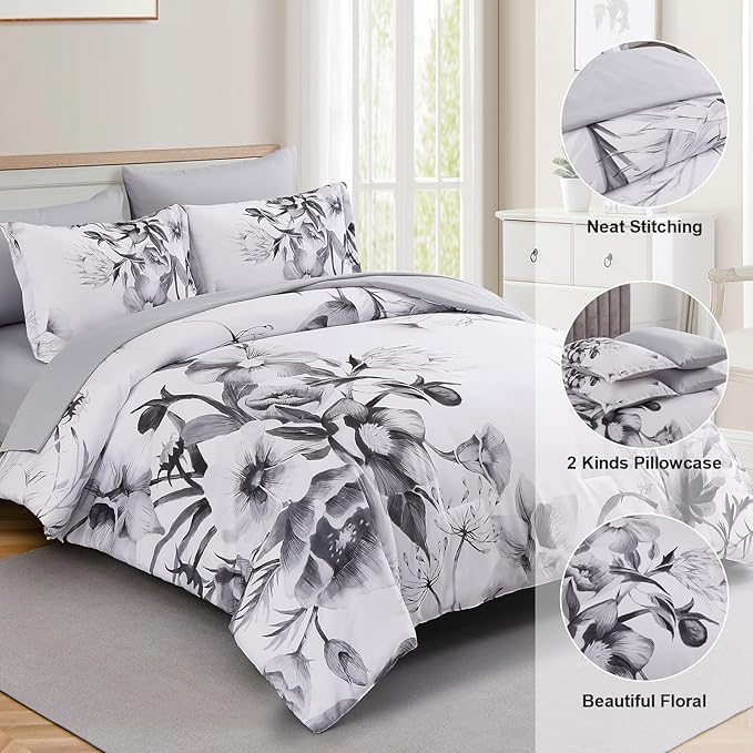Luxudecor Floral Comforter Set King Size 7 Piece, Black Flower Bed in a Bag, Elegant Ink Comforter Bedding Set for All Season (Ink, 104"x90")