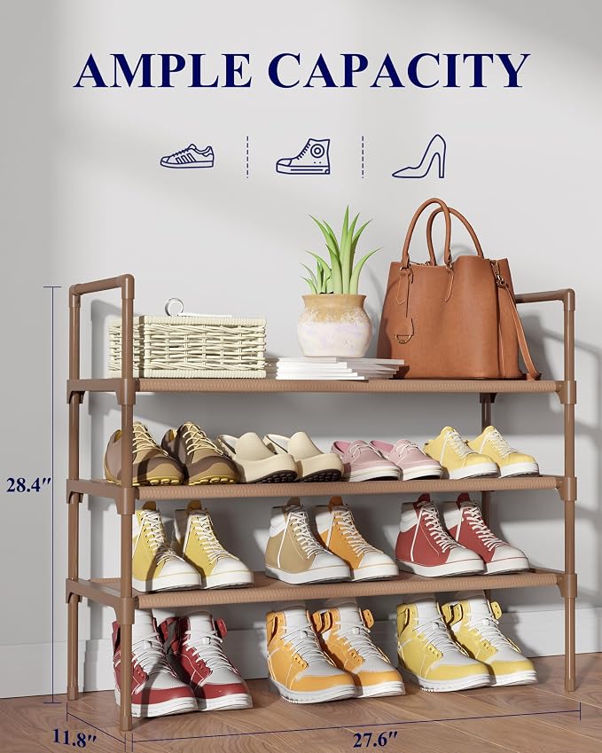 Kitsure Shoe Rack - 3-Tier Shoe Organizer, Shoe Rack for Closet, Entryway, Bedroom, Easy- Assembly Storage Shelf with Side Handles, 27.6" Wide - 3 Tiers, Brown - Image 2