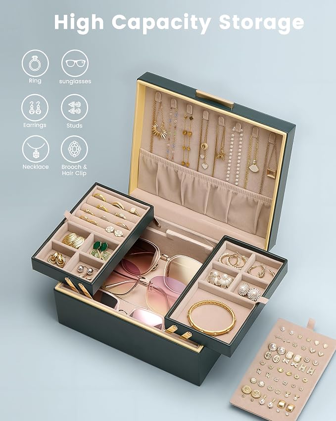Lolalet Jewelry Box Organizer for Women Girls, 2 Layer Jewelry Organizers and Storage for Necklace Earrings Rings Bracelets, Large Jewellery Holder Case Birthday Mothers Day Gifts -DarkEmerald - Image 3