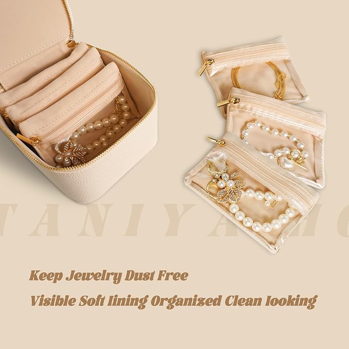 6 Pcs Travel Jewelry Organizer, Velvet Mini Pouch with Clear Zipper Pocket, Lightweight Jewelry Storage Organizer for Rings Earrings Necklaces, Travling Gift for Women Girls (Beige) - Image 4
