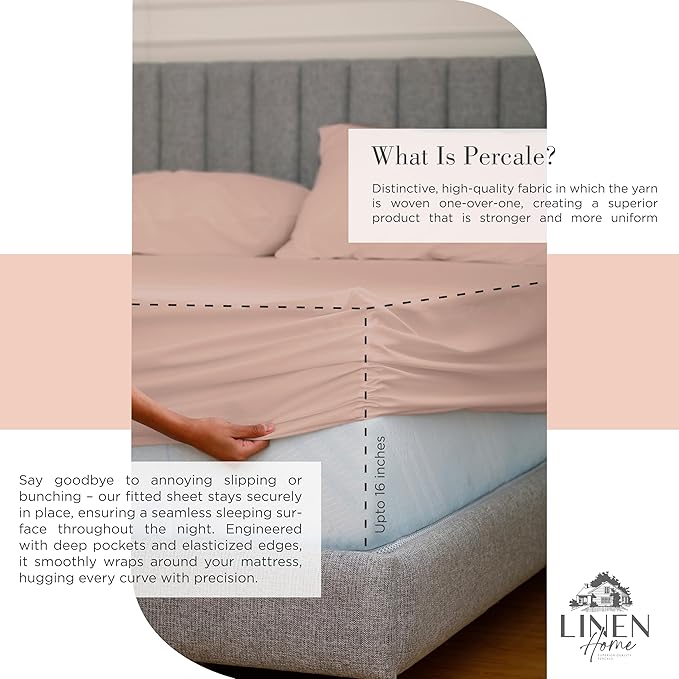 Linen Home 100% Cotton Percale Sheets King Size, Brushed Rose, Deep Pocket, 4 Pieces Set - 1 Flat, 1 Deep Pocket Fitted Sheet and 2 Pillowcases, Crisp Cool and Strong Bed Linen