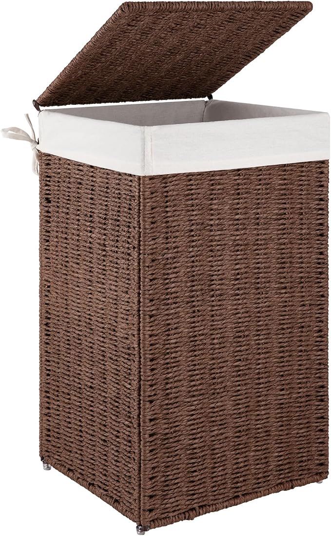 OIAHOMY Laundry Hamper with Lid, 65L(17.2 Gal) Large Wicker Laundry Basket for Bedroom, Handwoven Paper Rope Clothes Hamper with Washable Liner & Metal Frame, Decorative organizer for Bathroom Brown by MasterofSpaceOptimization