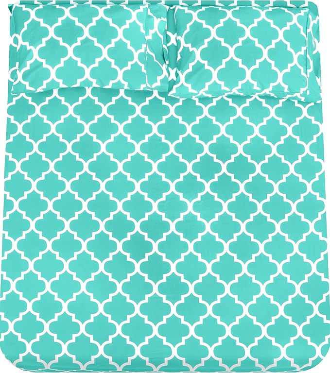 Utopia Bedding Queen Sheet Set, Soft Microfiber 4 Piece Bed Sheets with 15" Deep Pocket - Easy Care Brushed Microfiber (Quatrefoil - Aqua)