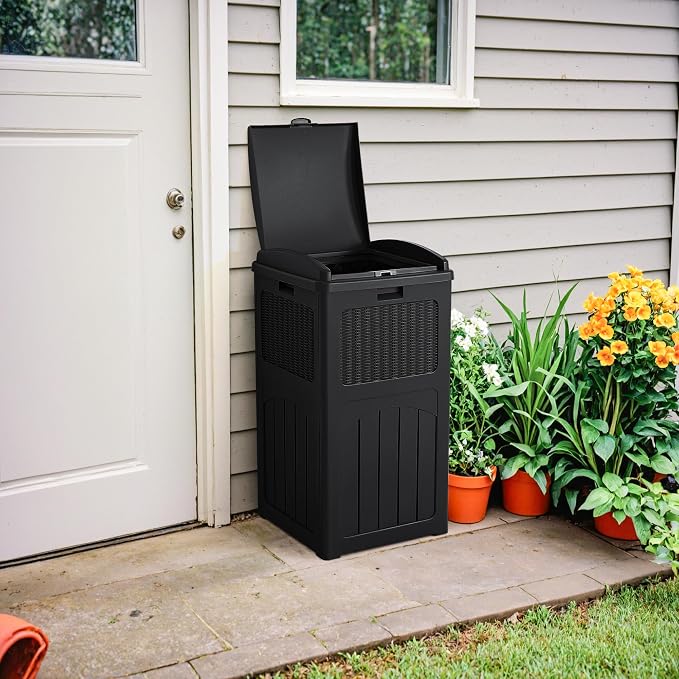 Devoko 33 Gallon Outdoor Trash Can with Dual Lid, Heavy Duty Waterproof Resin Garbage Bins Outside, Hideaway Waste Bins for Patio, Outside Pool, Backyard and Deck (1, Black) - Image 4