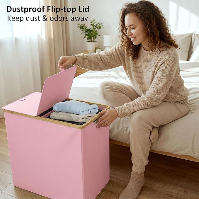 efluky Laundry Hamper with Lid, Double Laundry Hamper with 2 Removable Bags, 2 Section Laundry Basket with Bamboo Handles for Bathroom, Bedroom & Laundry Room (Pink, 140L Dual) - Image 4