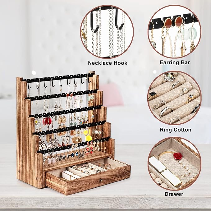 Pinzoveco Earring Organizer, 5 Layer Earring Holder Organizer with Necklace Holder Pole, Rustic Wood Jewelry Organizer Stand Display for Stud Earring Bracelet Necklace Ring, 175 Earring Holes - Image 5