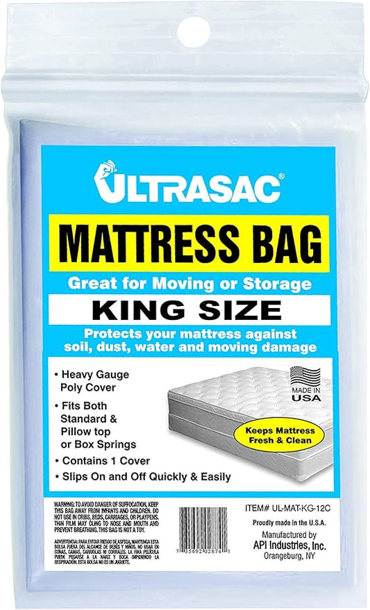 Ultrasac - King Size Waterproof Mattress Cover, 2 Mil (eq), 88” x 96”, Clear, 1 Count - Moving & Storage