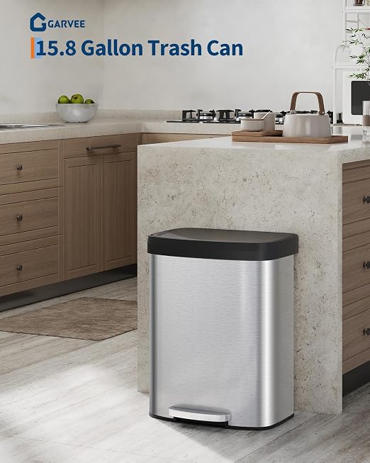 Garvee 16 gal / 60 L Stainless Steel Trash Can with Lid, Large Garbage Can for Kitchen, Rustproof Step-on Kitchen Metal Trash Bin with Liner Rim, Rear Handle, Soft Close Plastic Lid, Silver - Image 2