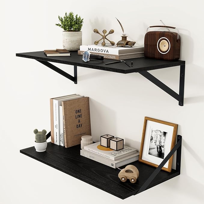 Heimlove Black Deep Floating Shelves for Wall, 24W x 12D Wood Wall Shelves Set of 2, Wide Floating Bookshelf for Living Room, Kitchen, Office, Bedroom and Decor Storage, with Metal Bracket - Black by Heimlove