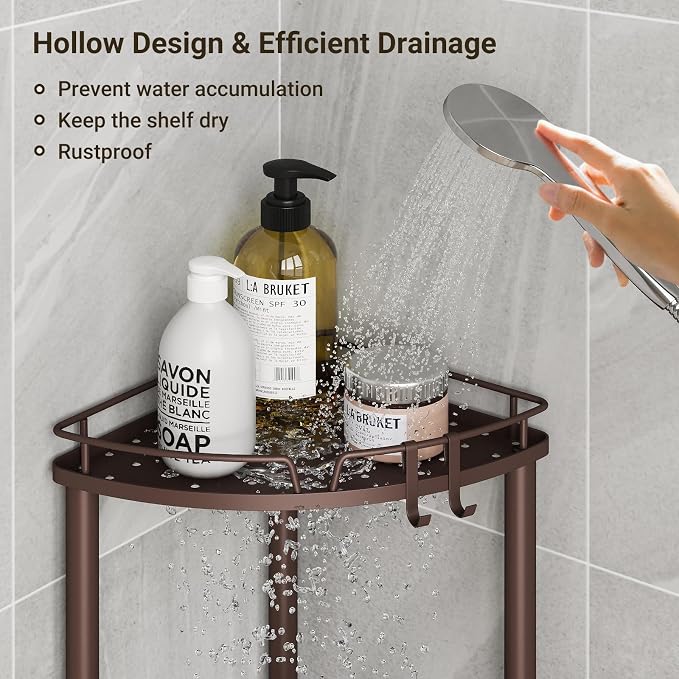 ELYKEN Corner Shower Caddy Standing, 3 Tier Rustproof Metal Shower Organizer with Soap Holder, Floor Shower Corner Shelf Rack Storage Stands with Adjustable Feet & 2 Hooks for Bathroom, Bronze - Image 5