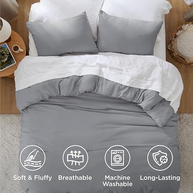 Bedsure Super King Comforter Set, Grey Soft Prewashed Bedding for All Seasons, 3 Pieces GentleSoft™ Bed Set, 1 Lightweight Comforter (120"x120") and 2 Pillowcases (20"x36")