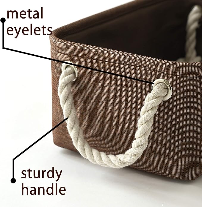 TheWarmHome Small Fabric Canvas Storage Bin with Cotton Rope Handles - Foldable Empty Basket for Gift (Brown-1 Pack,11.8L7.9W5.2H inch) - Image 9