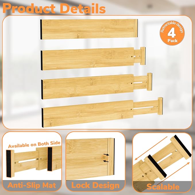 BAMEOS 3" H Large Bamboo Drawer Dividers Adjustable Drawer Organization Expandable Utensil Organizers for Kitchen Dresser Bathroom Bedroom and Office 4-pack - Image 6