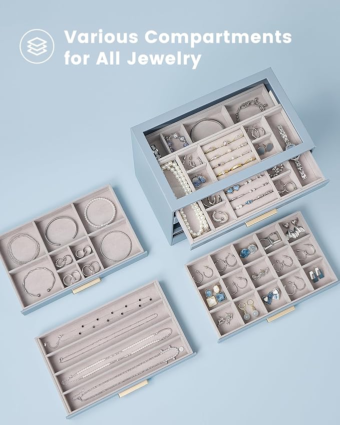 Lolalet Jewelry Box Organizer, 6-Layer Jewelry Organizers and Storage Case with Glass Lid, Ring Earring Bracelet Necklace Holder Organizer, Birthday Valentine Gifts for Women Girls -6Layer, HazeBlue - Image 3