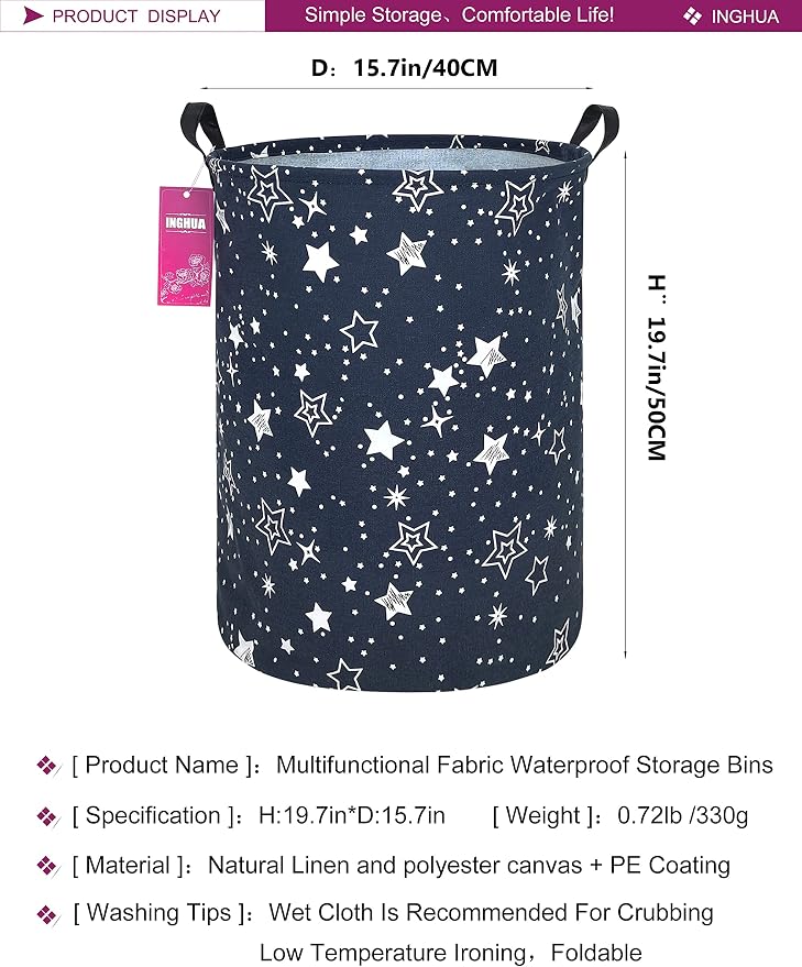 Laundry Hamper Large Canvas Fabric Lightweight Storage Basket/Toy Organizer/Dirty Clothes Collapsible Waterproof for College Dorms, Boys and Girls Bedroom,Bathroom(Blue star) - Image 2