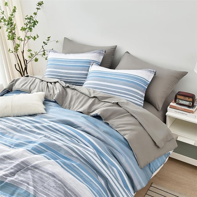 KAKIJUMN 7 Piece Bed in a Bag Stripe Comforter Set Full Size, White Grey Blue Striped Comforter and Sheet Set, All Season Soft Microfiber Complete Bedding Set(Light Blue,Full)