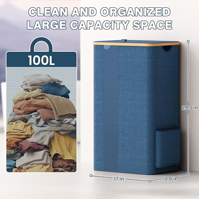 BlissTotes Laundry Basket with Lid, 100L Clothes Laundry Hamper with Handles and Removable Laundry Bag, Breathable Design Hamper with Lid for Bedroom, Bathroom, Dorm, Laundry Room - Light Blue - Image 3
