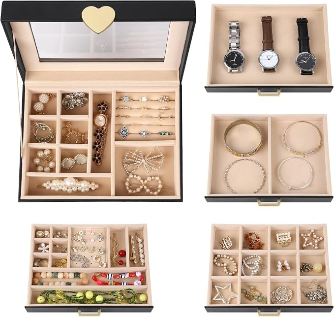 Kendal Jewelry Box, 5-Layer Jewelry Organizer Box with Glass Lid, Black, Heart Shaped PU Leather, Storage Box for Necklace Earrings Rings Bracelets, Gift Idea for Girls LJC4DRBK - Image 6