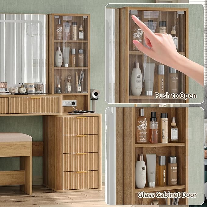 Fluted Vanity Desk with 3-Color LED Mirror, 43.3" Makeup Vanity with Glass Top & Glass Door, 6-Drawer Wood Vanity with Charging Station, Includes Vanity Stool, Natural Oak