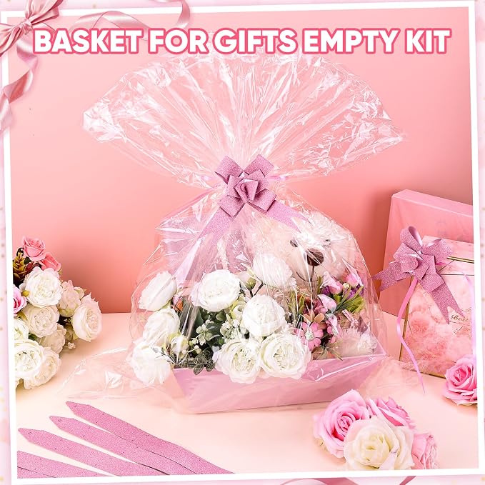 AFOROEOA 10PACK Pink Baskets For Gifts Empty, 10x12” Thick Gift Basket with 10 Bows 10 Bags Empty Gift Baskets for Christmas, Valentine’s Day, Easter, Birthdays, Valentine’s Day Wrapping Gift - Image 4