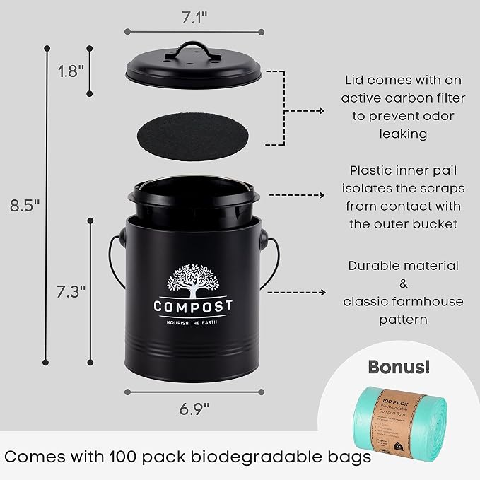 Perfnique Kitchen Compost Bin, 1.3 Gallon Countertop Compost Bin with Lid, Indoor Compost Bucket Includes Inner Bucket Liner and Carbon Filter, Small Compost Bin with Trash Bags (with Bags, Black) - Image 2