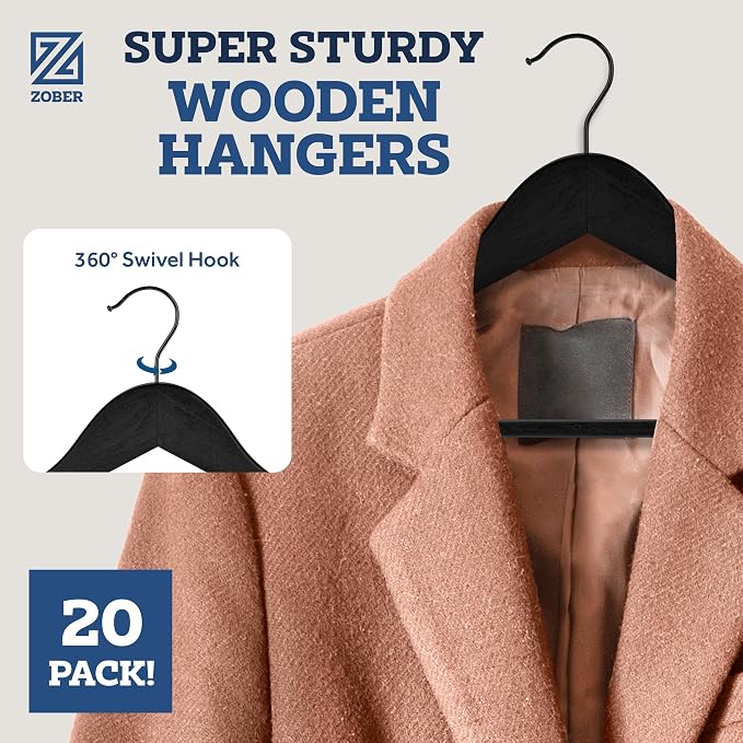 ZOBER Black Wooden Hangers - Heavy Duty, Non Slip Wood Hangers for Coats, Jackets, Suits, & Pants - Coat Hangers for Closet W/Bar and Notches 20 Pack - Image 2