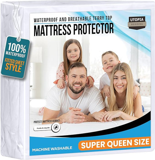 Utopia Bedding Waterproof Mattress Protector Super Queen Size, Premium 200 GSM Terry Mattress Cover, Soft & Breathable Bed Cover, Fitted Sheet Style with Stretchable Deep Pockets 17" (White)