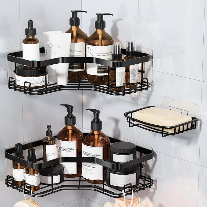 MAXIFFE 3 Pack Corner Shower Caddy with Soap Holder, Large Capacity Sturdy Adhesive Stainless Steel No Drilling Shower Organizer Shelves Rack Storage Inside Shower for Bathroom Family Renters, Black by MAXIFFE