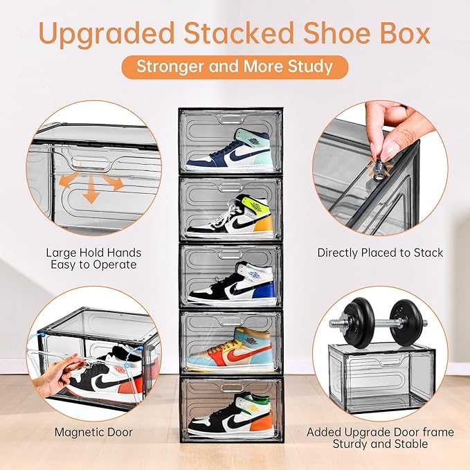 Amllas New Gray 8 Pack Shoe Boxes Stackable, Large Shoe Storage Organizer with Lids,Drop Side Shoe Containers for Entryway,Sneaker Storage Fit up to US Size 13 for Men/Women(13’’x 10.6”x 8.3”) - Image 7