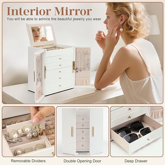 Dajasan Large Jewelry Organizer Box, Jewelry Boxes for Women Girls, 6-Tier Jewelry Storage Organizer with Mirror for Necklace Ring Bracelet Watch, Gift Idea (White) - Image 6