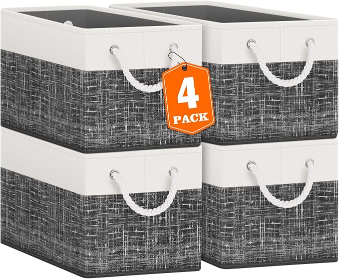 Fab totes Storage Bins [4-Pack], Foldable Storage Baskets for Organizing Toys, Books, Shelves, Closet, Large Storage Box with Rope Handles, Sturdy Organizer Bins, White & Black by Fabtotes