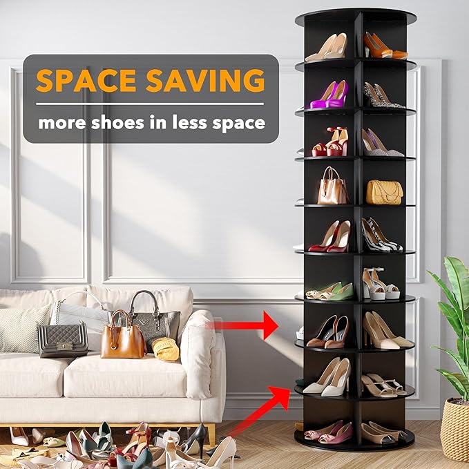 SpaceAid 9 Tier Rotating Shoe Rack Tower, Spinning Shoe Display Lazy Susan, Revolving 360 Shoe Rack Storage Round Carousel, Vertical Handbag Rotate Shoes Closet Organization (9-Tier Black) - Image 3