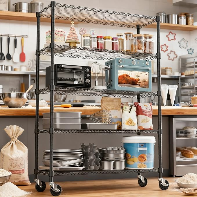 M MZG 1750LBS 47.2" W 5 Tiers Storage Shelves Metal Shelving Unit with Wheels Heavy Duty Garage Shelving Adjustable Wire Shelves for Pantry,Kitchen,Garage,Basement,Black 17.7" D x 47.2" W x 76.8" H - Image 6