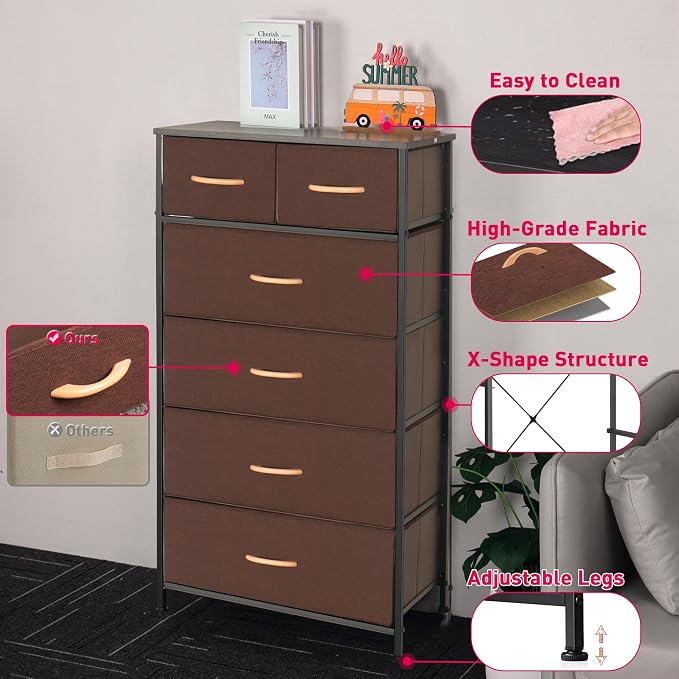 Mifuro Tall Dresser for Bedroom, Vertical Storage Organizer Tower with 6 Drawers, Chest of Drawers with Fabric Bins, Steel Frame, Wood Top for Bedroom, Closet, Entryway- Brown - Image 8