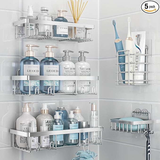 Liuoud 5 Pack Shower Caddy Organizer Rack Shelf for Inside Shower, Self Adhesive Bathroom Wall Storage Basket Rustproof Stainless Steel Large Capacity Shampoo Holder, Silver by Liuoud