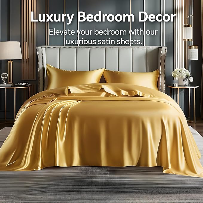 BEDELITE King Size Sheets Set, Luxury Soft Gold Satin Sheets for Hair and Skin, Similar to Silk Bed Sheets Set 4 Pieces with 1 Deep Pocket Fitted Sheet, 1 Flat Sheet, and 2 Pillowcases