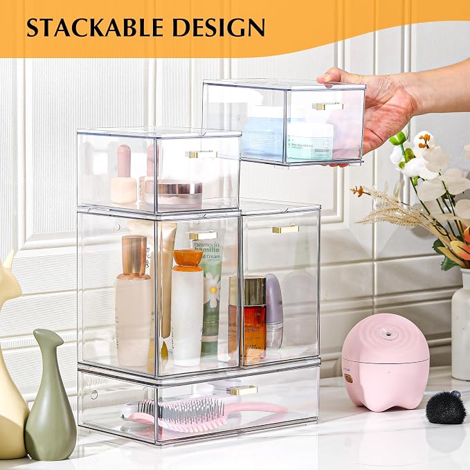 LALOBLUE Set of 5 Stackable Storage Drawers, Clear Acrylic Organizer Bins for Beauty Supplies, Perfect for Makeup Vanity, Undersink, Kitchen, Cabinet,Pantry Organization and Storage - Image 3