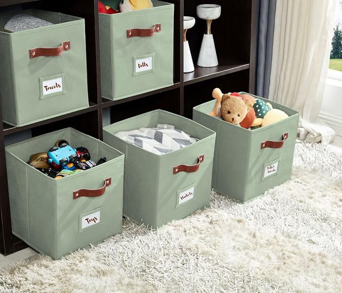 DECOMOMO Storage Bins, Cube Storage Bin with Labels, Fabric Storage Cubes for Shelves (10.5" x 11" / 6pcs, Sage Green) - Image 9