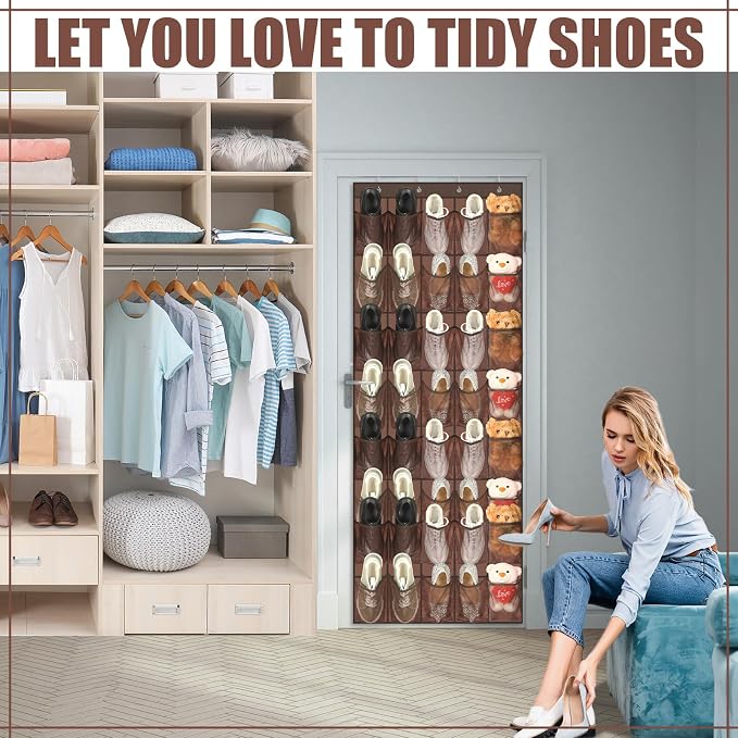 Windyun 40 Over the Door Shoe Organizer Large Breathable Mesh Pockets Hanging Shoe Rack for Closet Brown Behind Door Hanger Storage Holder Nonslip Hooks for Women Men Entryway Bedroom Utility Room - Image 4