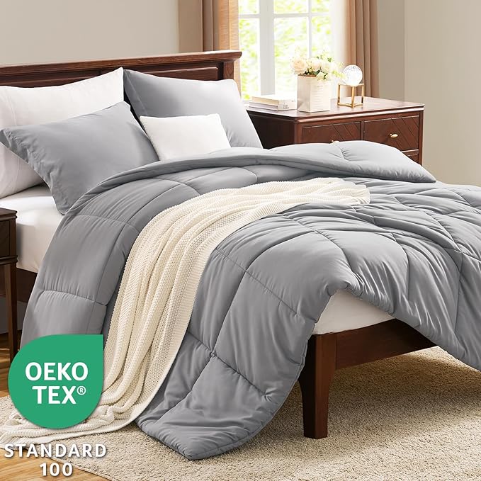 CozyLux Full Size Comforter Sets - Grey Comforter Full Size, 3 Pieces Box Stitched Bed Set for All Seasons, Soft Lightweight Bedding Sets with 1 Down Alternative Comforter and 2 Pillow Shams