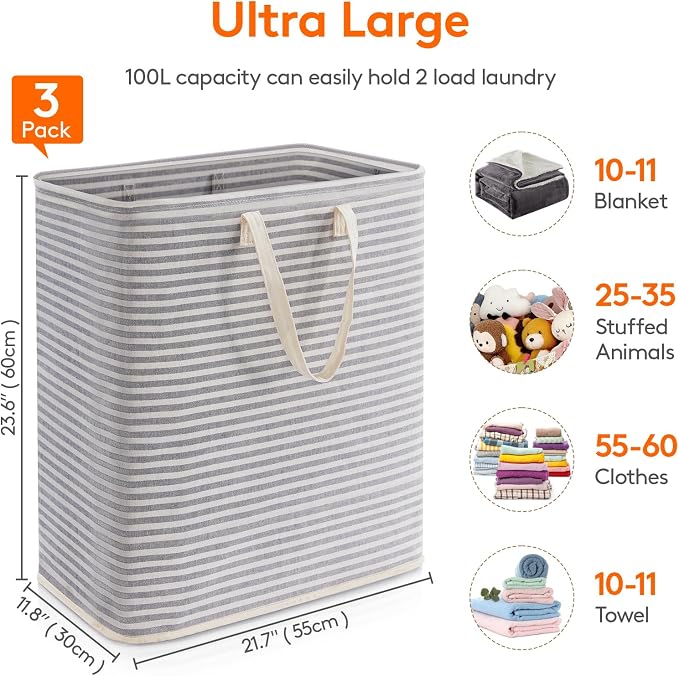 Lifewit 3 Pack Laundry Basket 100L Each, Collapsible Clothes Hamper with Reinforced Handles, Freestanding Waterproof Design for Bedroom and Laundry Room, Grey 300L Total - Image 4