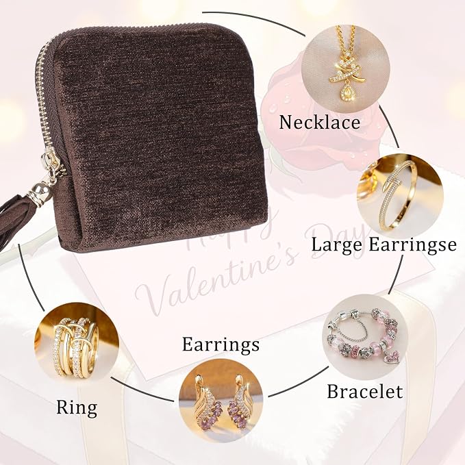 ASINGYER Travel Jewelry Storage Bag for Women, Velvet Portable Jewelry Organizer with Tassel Zipper, Small Pouches for Bracelets Necklaces Rings Earrings, Wedding Gift for Women (coffee brown) - Image 4