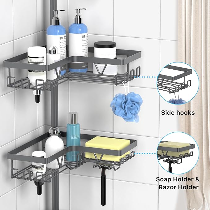 KEGII Corner Shower Caddy Tension Pole - Rustproof Tension Rod Organizer, Floor to Ceiling Shower Caddy 25-114.2 inch, Bathroom Storage Rack Corner Waterproof, Dark Gray - Image 3
