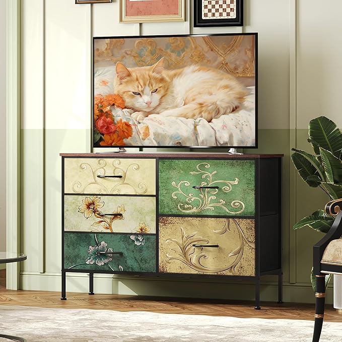 WLIVE Dresser for Bedroom with 5 Drawers, Wide Chest of Drawers for Bedroom, Fabric Dresser for Living Room, Closet, Hallway, Floral Painted