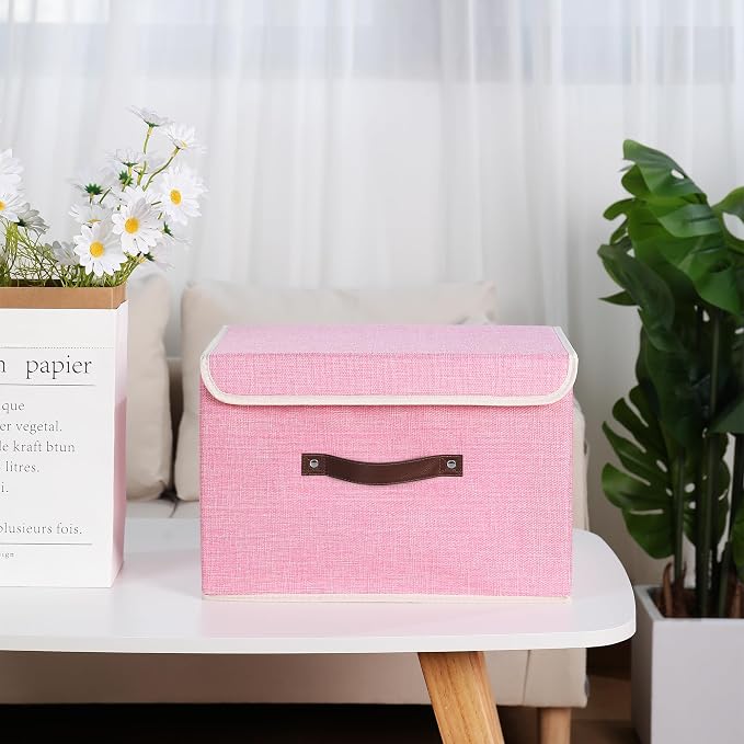 ANMINY Storage Bin with Lid Storage Boxes with PU Leather Handles PP Plastic Board Decorative Foldable Lidded Cotton Linen Fabric Home Cubes Baskets Closet Organizer Container - Pink, Large Size - Image 9