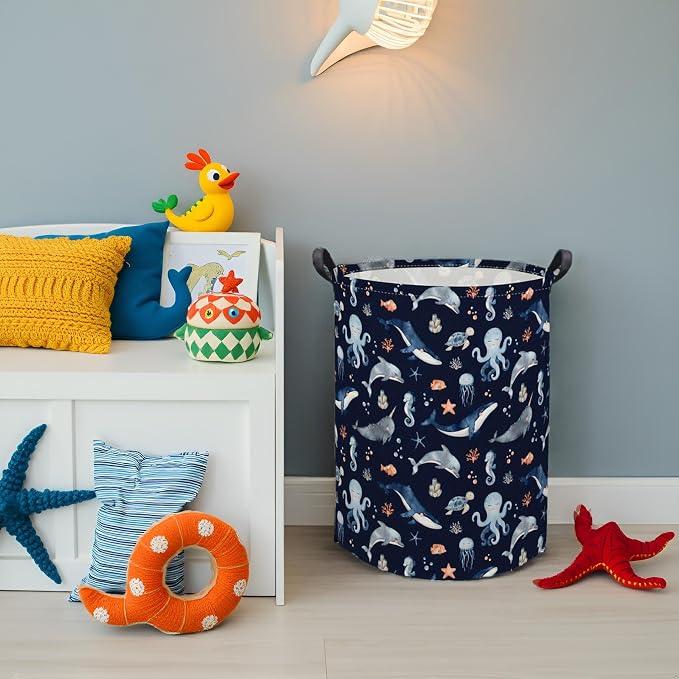 HIYAGON Ocean Baby Laundry Basket Baby Hamper for Nursery Girl Kids Soccer Hamper Cute Kids Toys Storage Bin Organizer Ocean Room Decor for Home(Blue Ocean) - Image 2