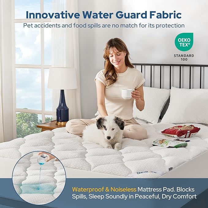 BEDLORE Waterproof Twin Mattress Pad, Quilted Fitted Mattress Topper with Deep Pocket 6"-15", Breathable & Noiseless Mattress Protector Bed Cover Padded, Machine Washable