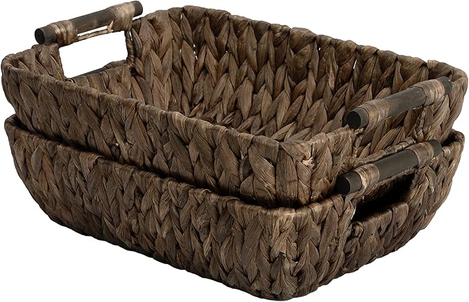 StorageWorks Wicker Baskets for Organizing, Woven Basket with Wooden Handles, Wicker Storage Baskets for Shelf, Brown, 2-Pack by StorageWorks