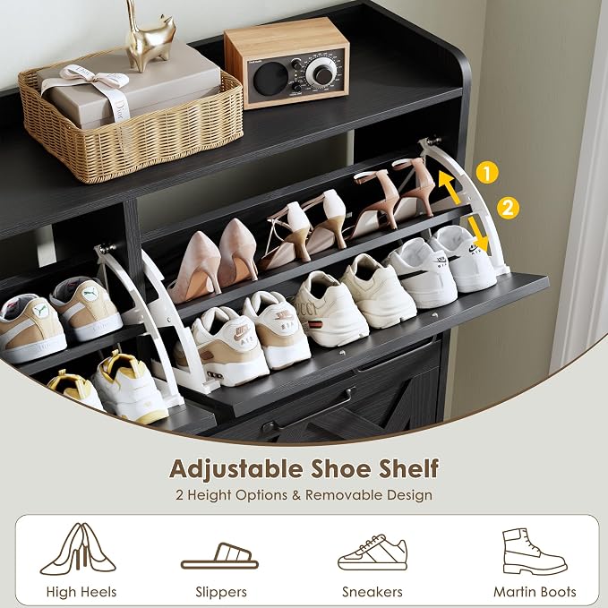 Nicetree Shoe Cabinet with 4 Flip Drawers, Hidden Shoe Rack Cabinet with Metal Legs, Farmhouse Narrow Shoe Storage Cabinet for Entryway, Foyer, Hallway, Black with Hook - Image 8
